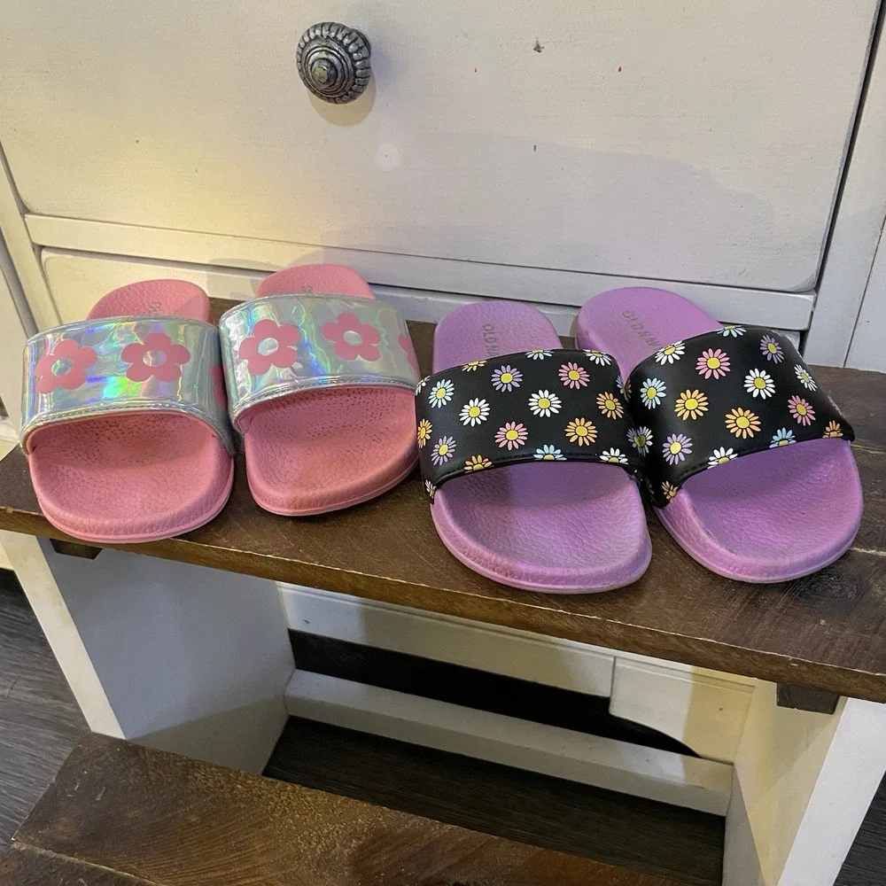 Old Navy Girls Size 10-11 Lot Of 2 Slides Sandals Pool‎ Beach Slides Slip On